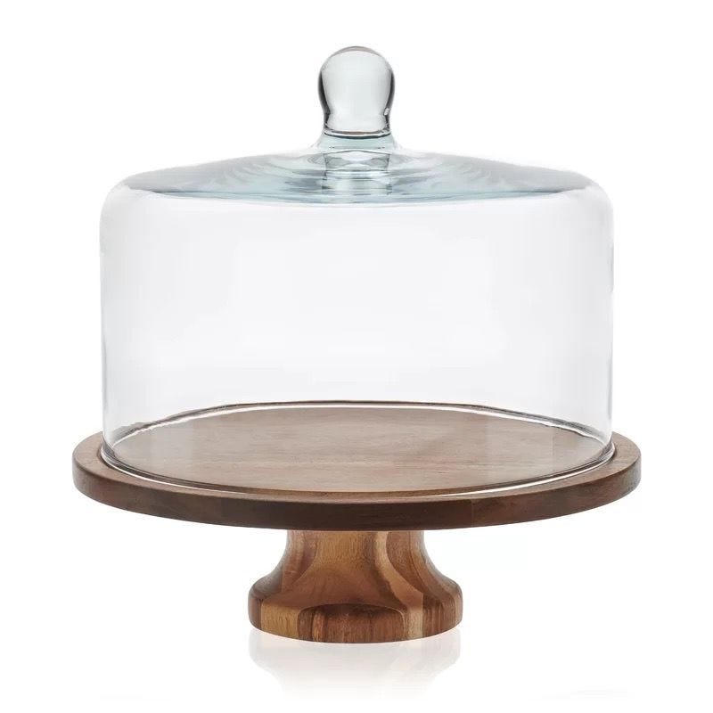 Libbey Acaciawood Footed Round Wood Server Cake Stand with Glass Dome