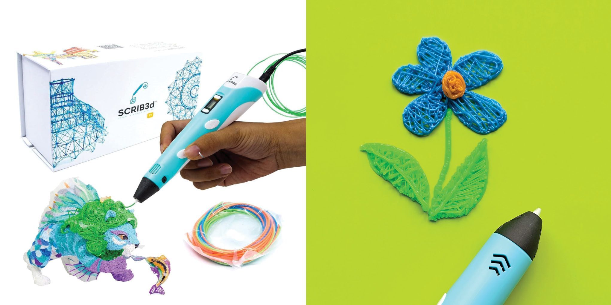 Scribe3D pen used to create a blue flower and other art, part of a good housekeeping story on the best 3D pens