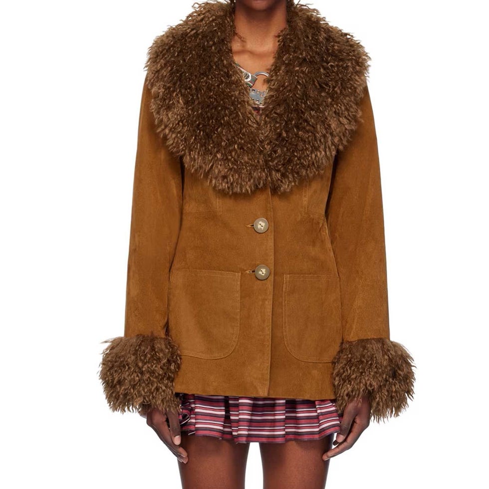 Tan Faux-Fur Trimmed Faux-Suede Jacket