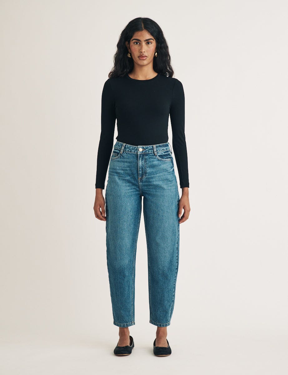 Mid Wash High Rise Barrel Leg Jeans