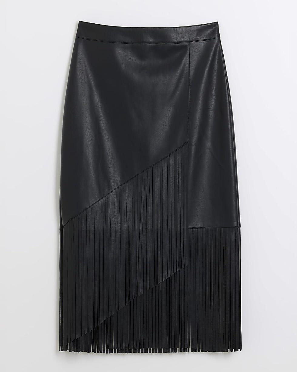 Black Faux Leather Fringed Midi Skirt