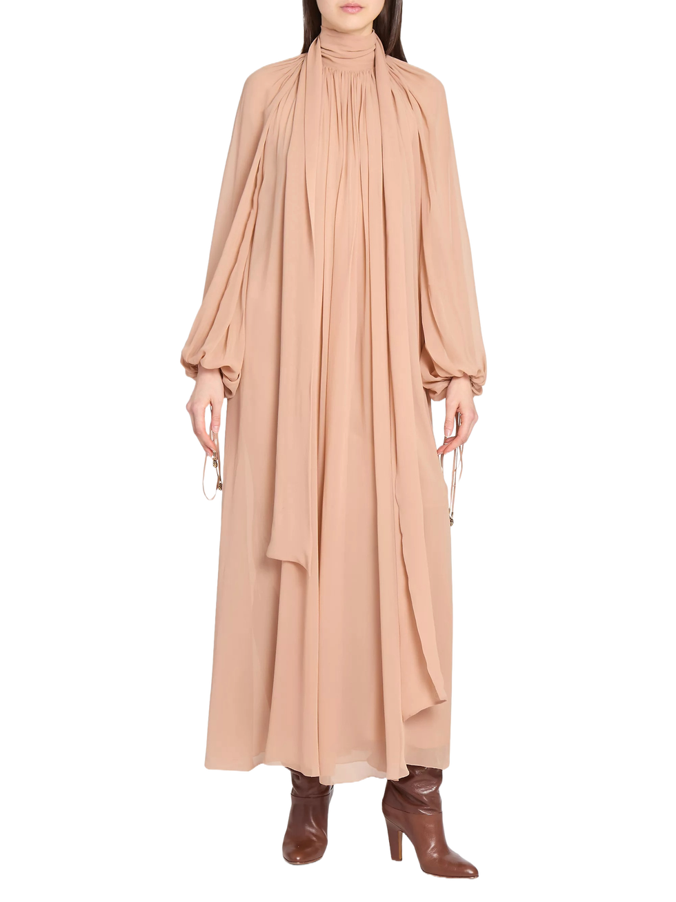 Draped Silk Blouson-Sleeve Maxi Dress