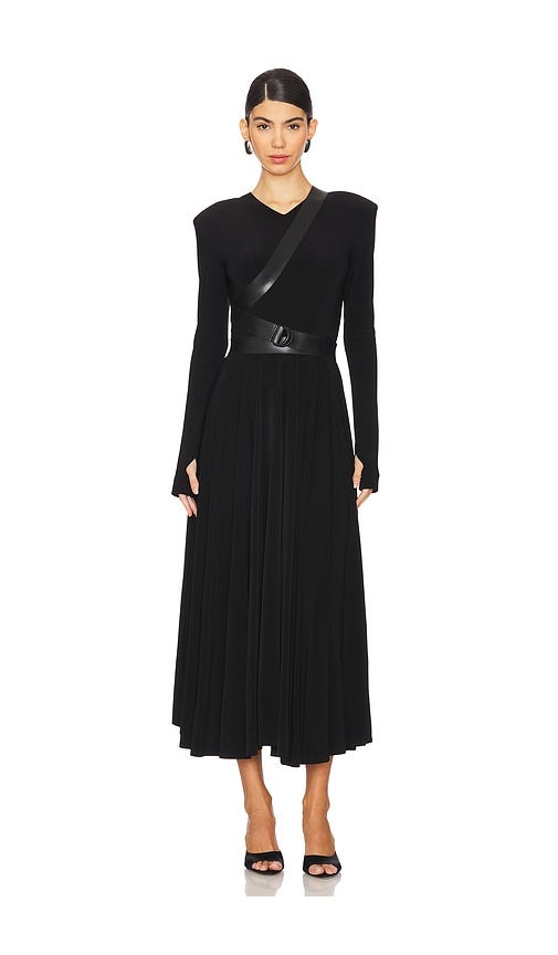 Long-Sleeve Shoulder Pad V-Neck Flared Dress