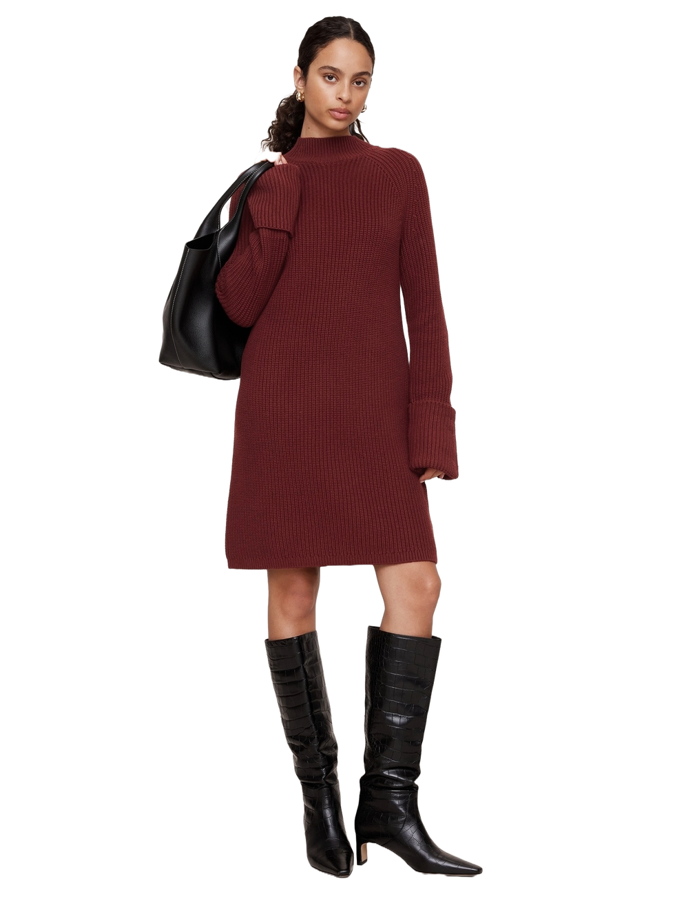 Cotton-Wool Mock-Neck Mini Sweater Dress