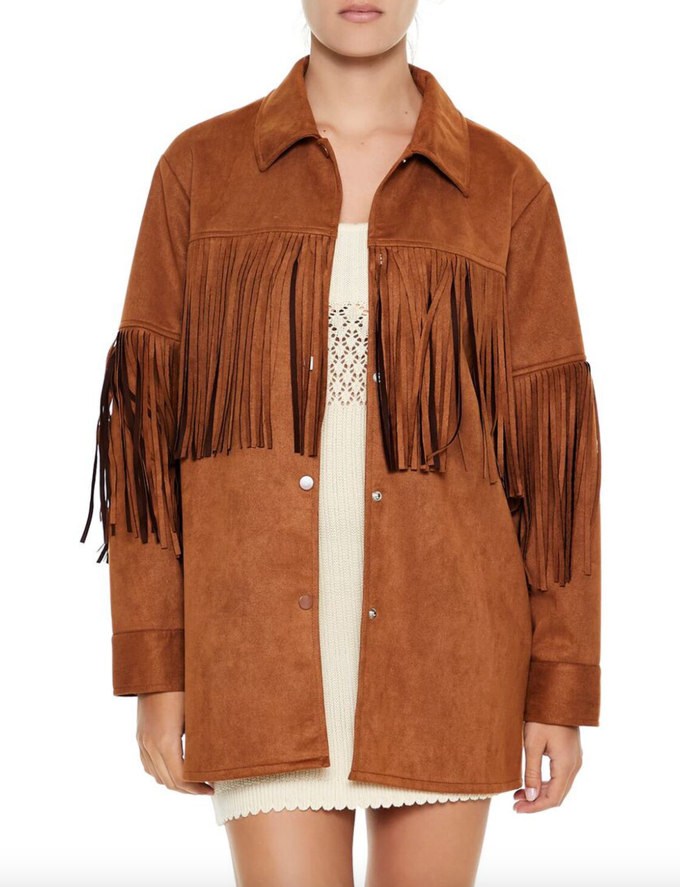 Faux Suede Fringe-Trim Shacket