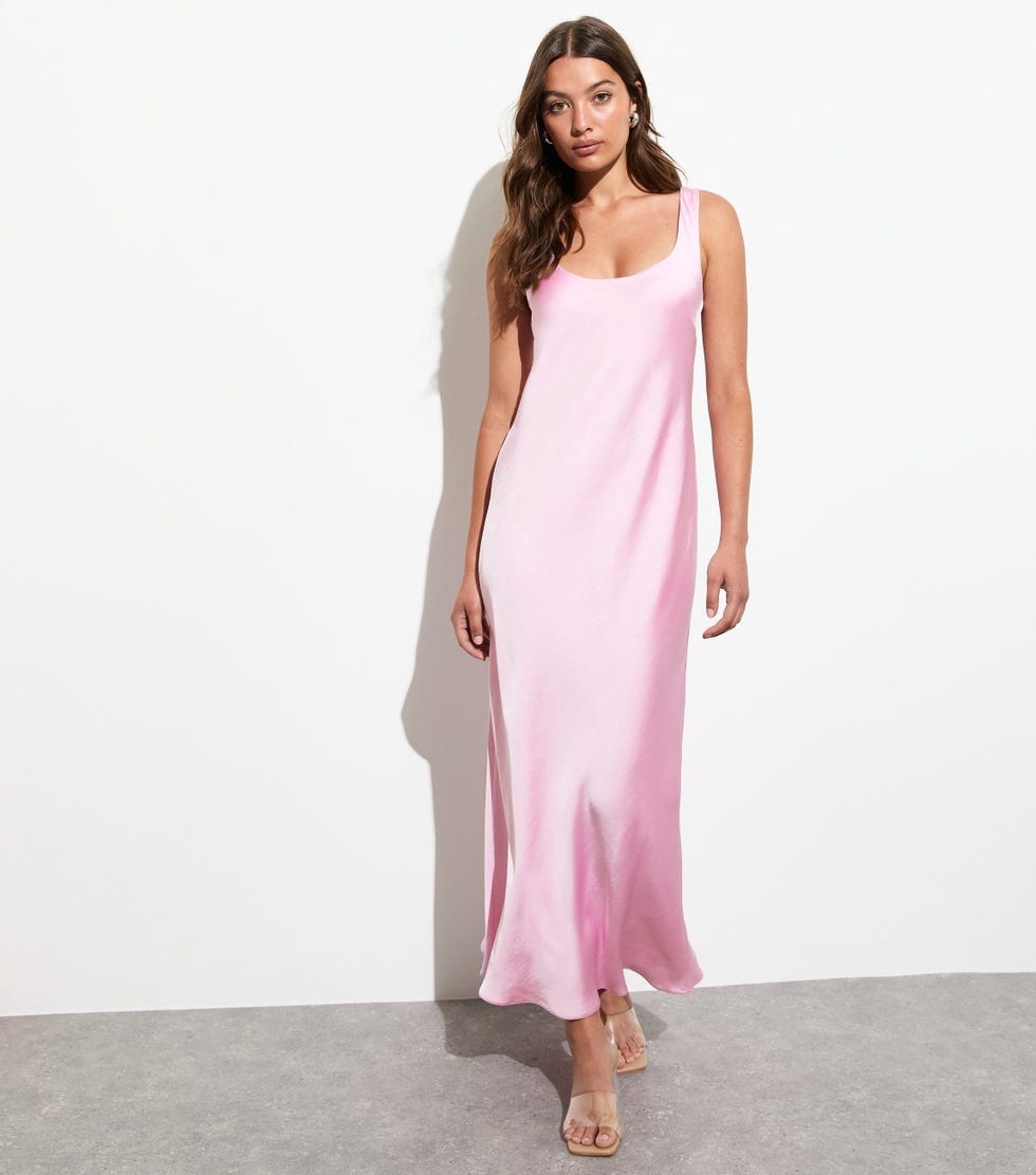 Pink Satin Scoop Neck Maxi Slip Dress