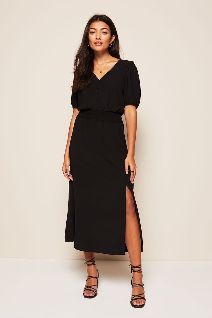 Friends Like These Puff Sleeve Ruched Waist V Neck Midi Dress