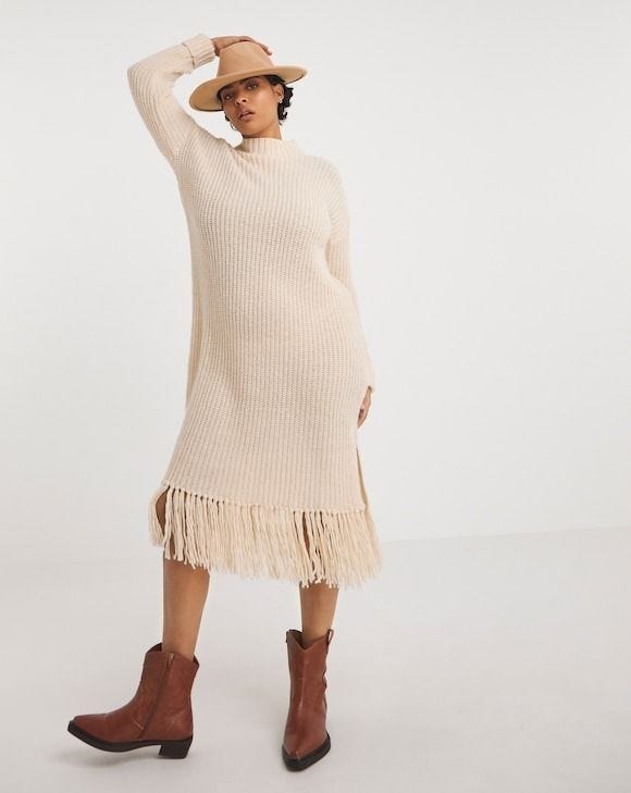 Cream Fringe Knitted Midi Dress