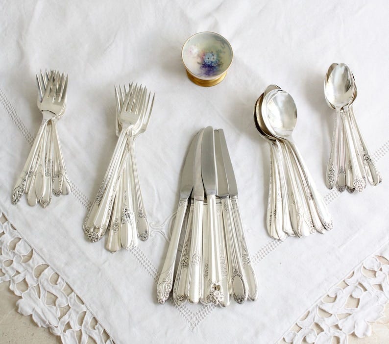 Mixed Silver Plated Cutlery Set Vintage Curated Art Deco pattern Silverware Service for 4 8 12