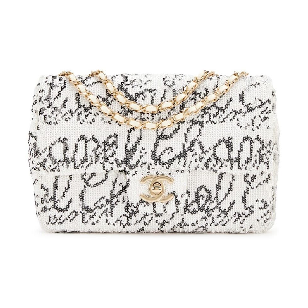 White and Black Sequin Logo Mini Rectangular Flap Bag  With Gold Hardware, 2022