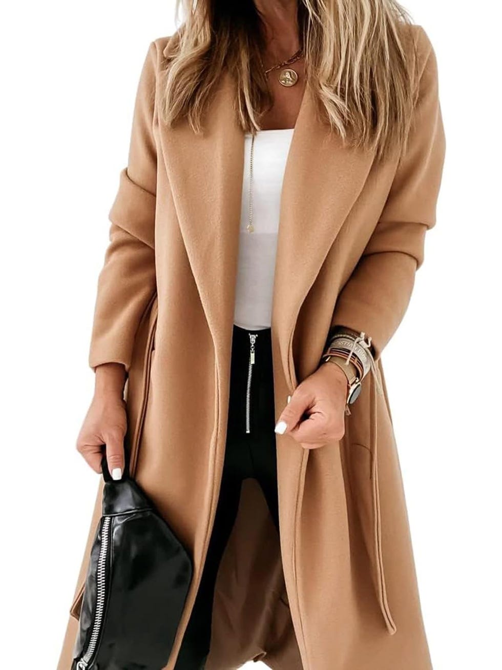 Open Front Long Overcoat with Belt 