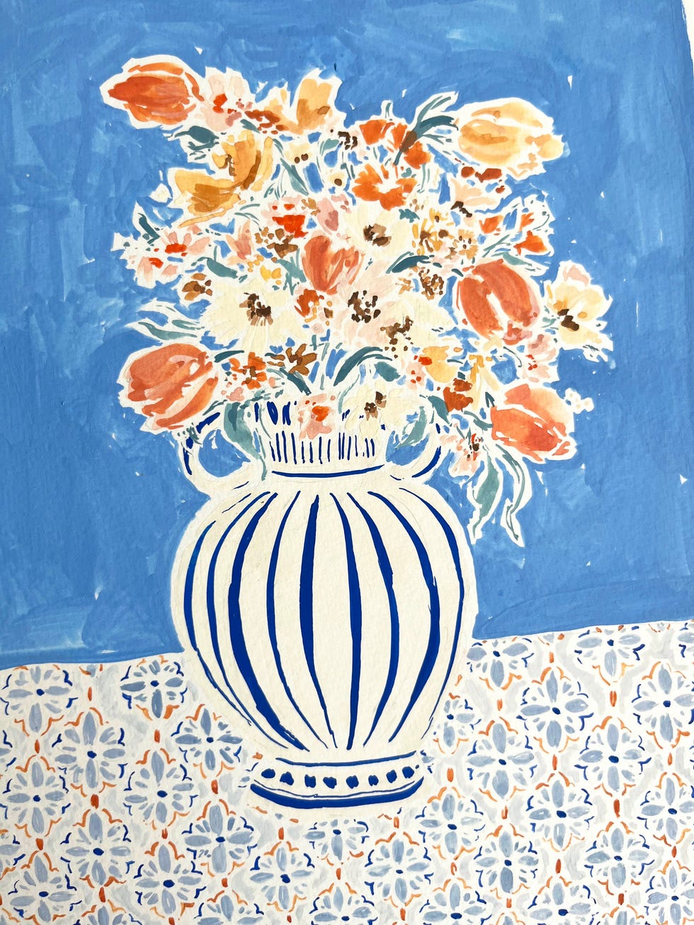 Rose Jocham art print “Flower vase in powder blue, apricot and cream”.