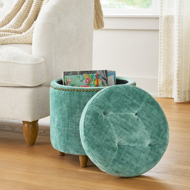 The Pioneer Woman Harper Round Velvet Storage Ottoman in Jade