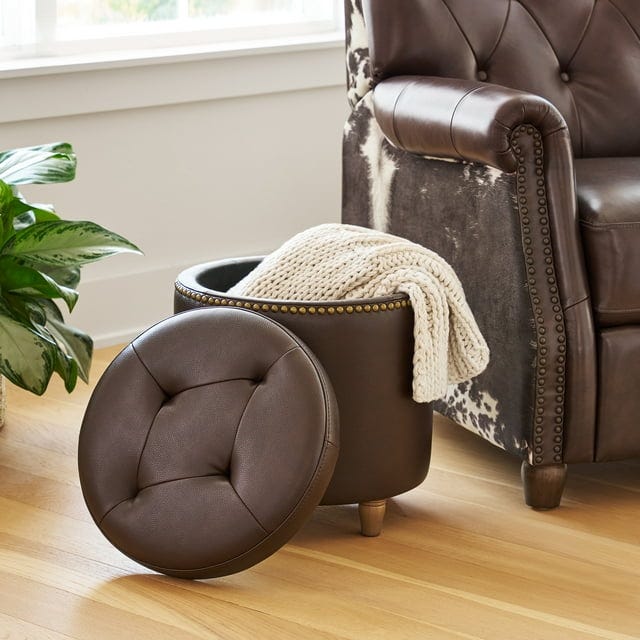 The Pioneer Woman Harper Round Storage Ottoman in Whiskey
