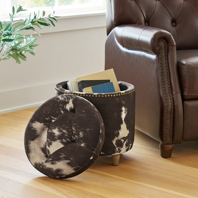 The Pioneer Woman Harper Round Storage Ottoman in Faux Cowhide