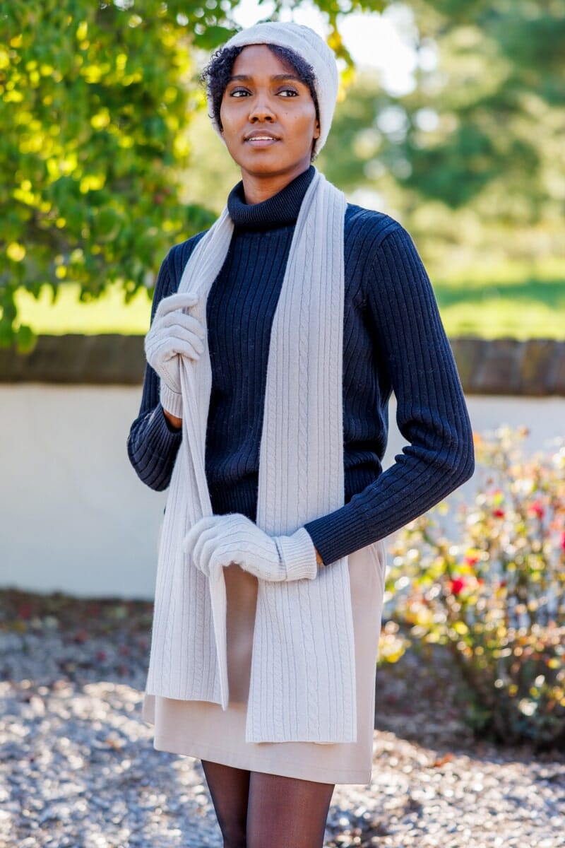 100% Pure Cashmere Cable Knit Hat-Glove-Scarf Set