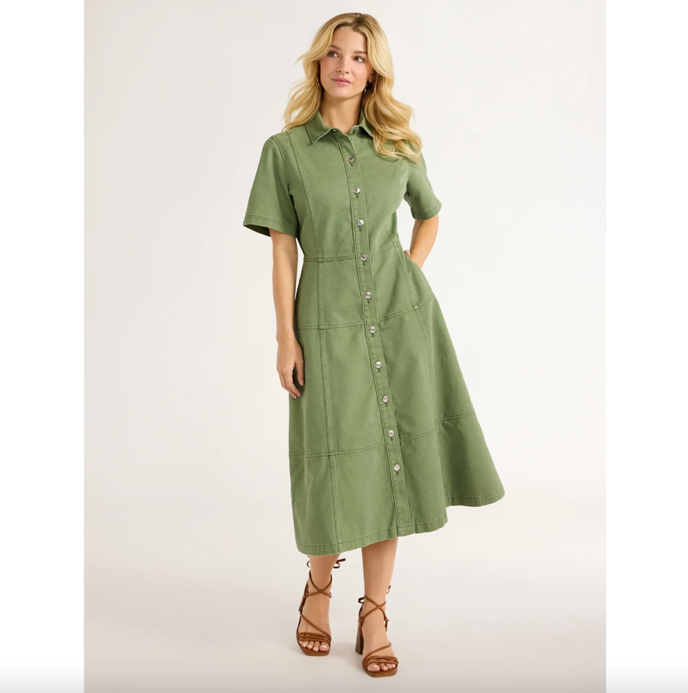 Button Front Cotton Midi Dress with Short Sleeves