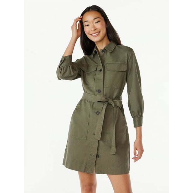 Belted Utility Mini Dress with Long Sleeves