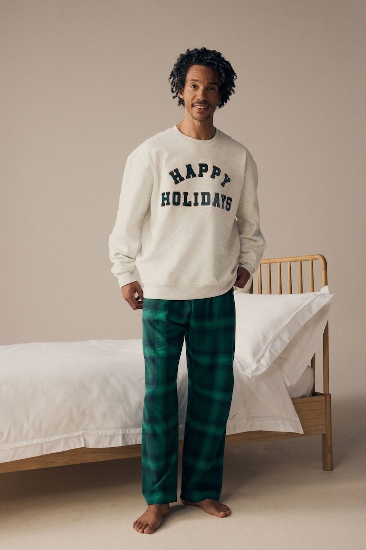 Grey/Green Matching Family Mens Christmas Happy Holidays Pyjamas