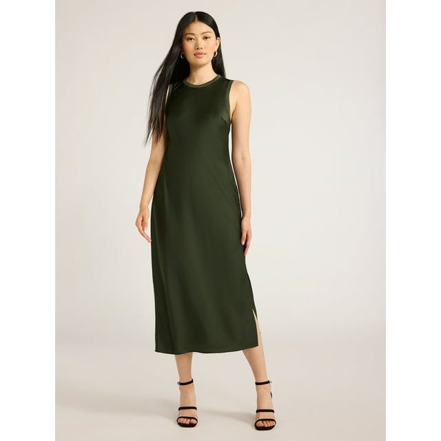 Sleeveless Crew Neck Satin Midi Tank Dress