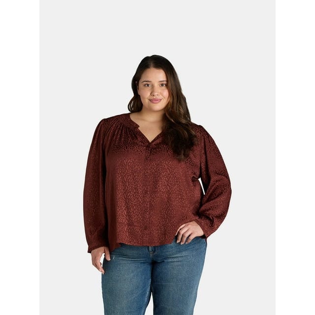 Button Front V Neck Blouse with Long Sleeves