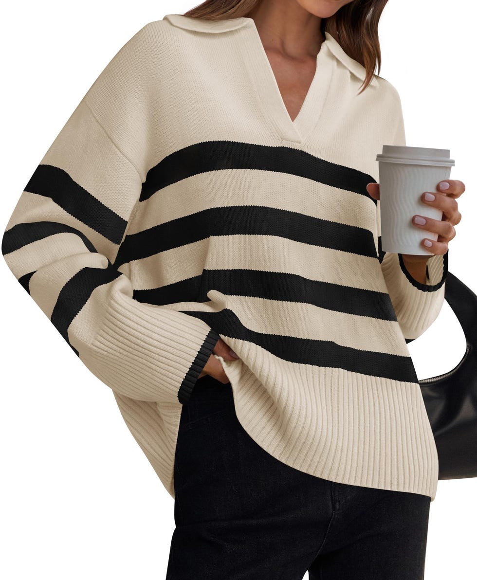 ZESICA Lapel V Neck Striped Sweater