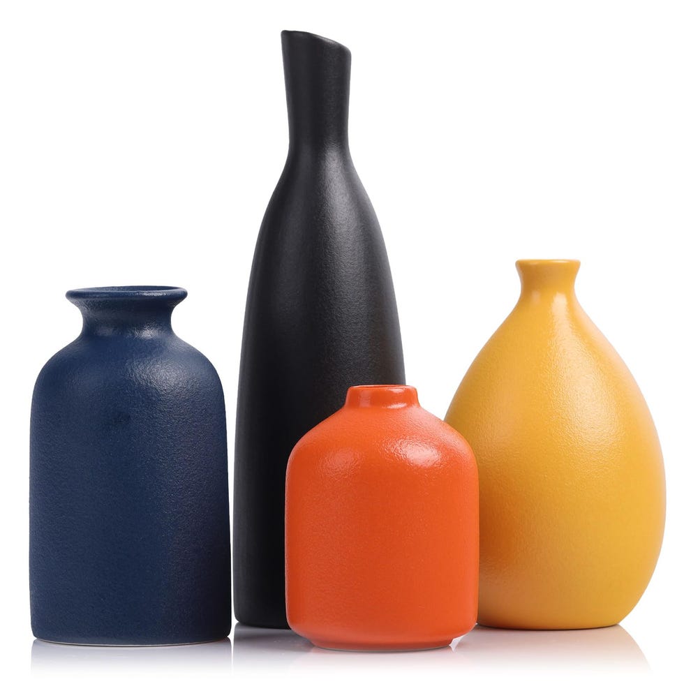 Juego de 4 jarrones de cerámica de color amarillo, naranja y azul