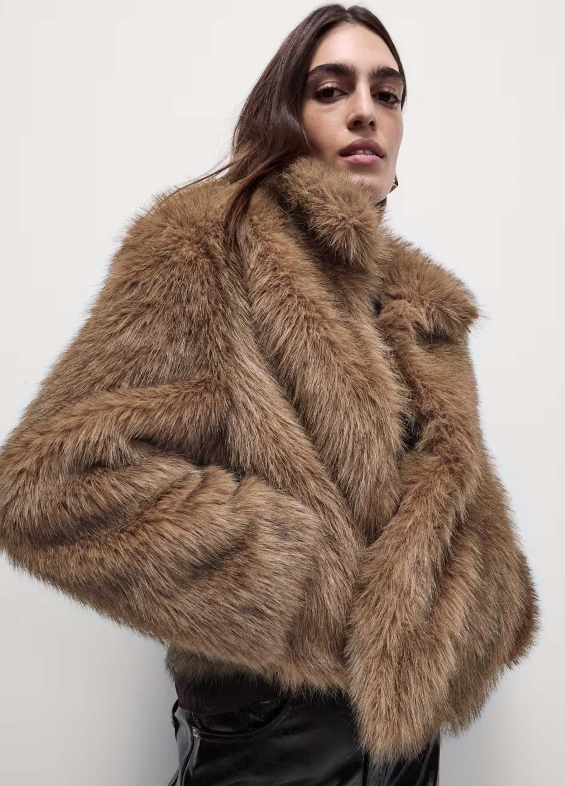 NEW popular DESIGN LUXE BROWN FAUX FUR COAT