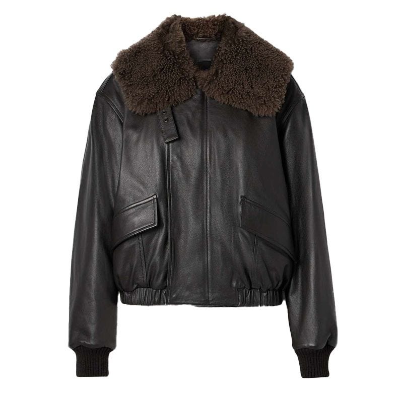 Faux-Shearling-Trimmed Leather Bomber Jacket