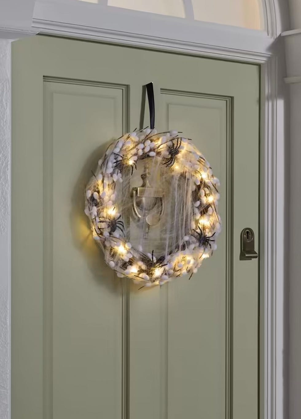 Halloween Spider Web LED Light Wreath, White/Black