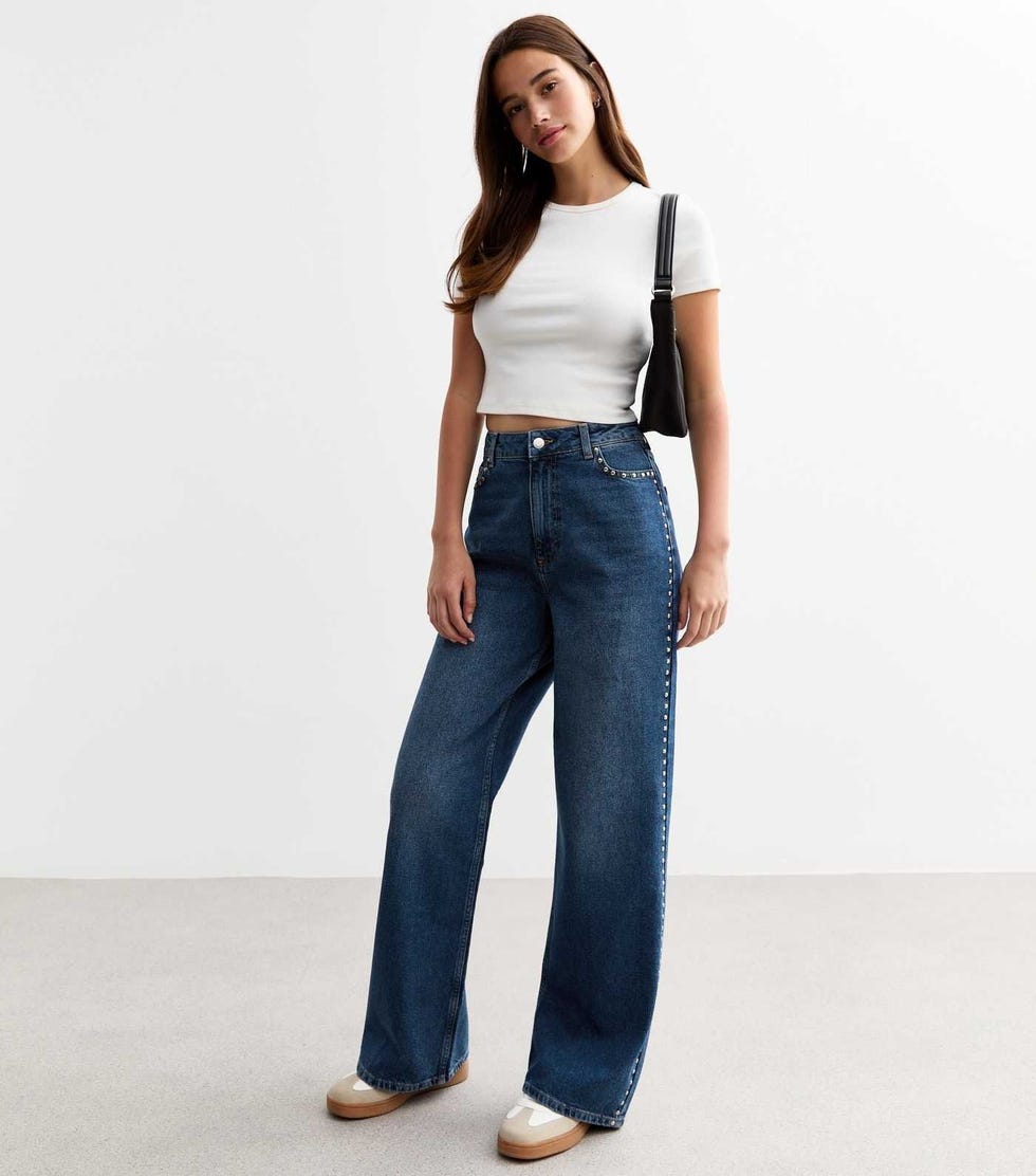 Blue Studded Wide Leg Jeans