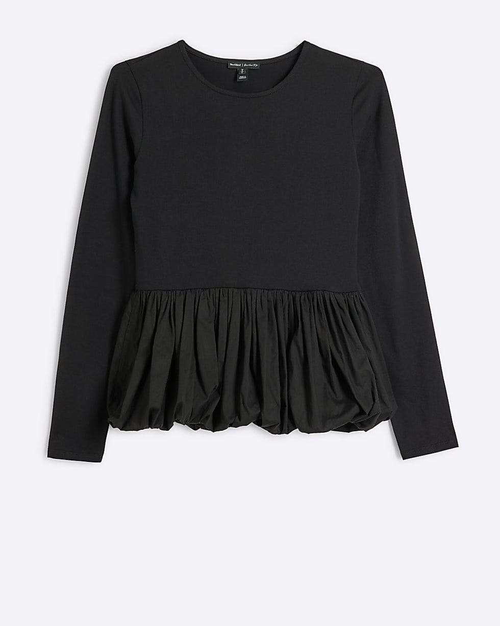 Black Bubble hem Long sleeve Top