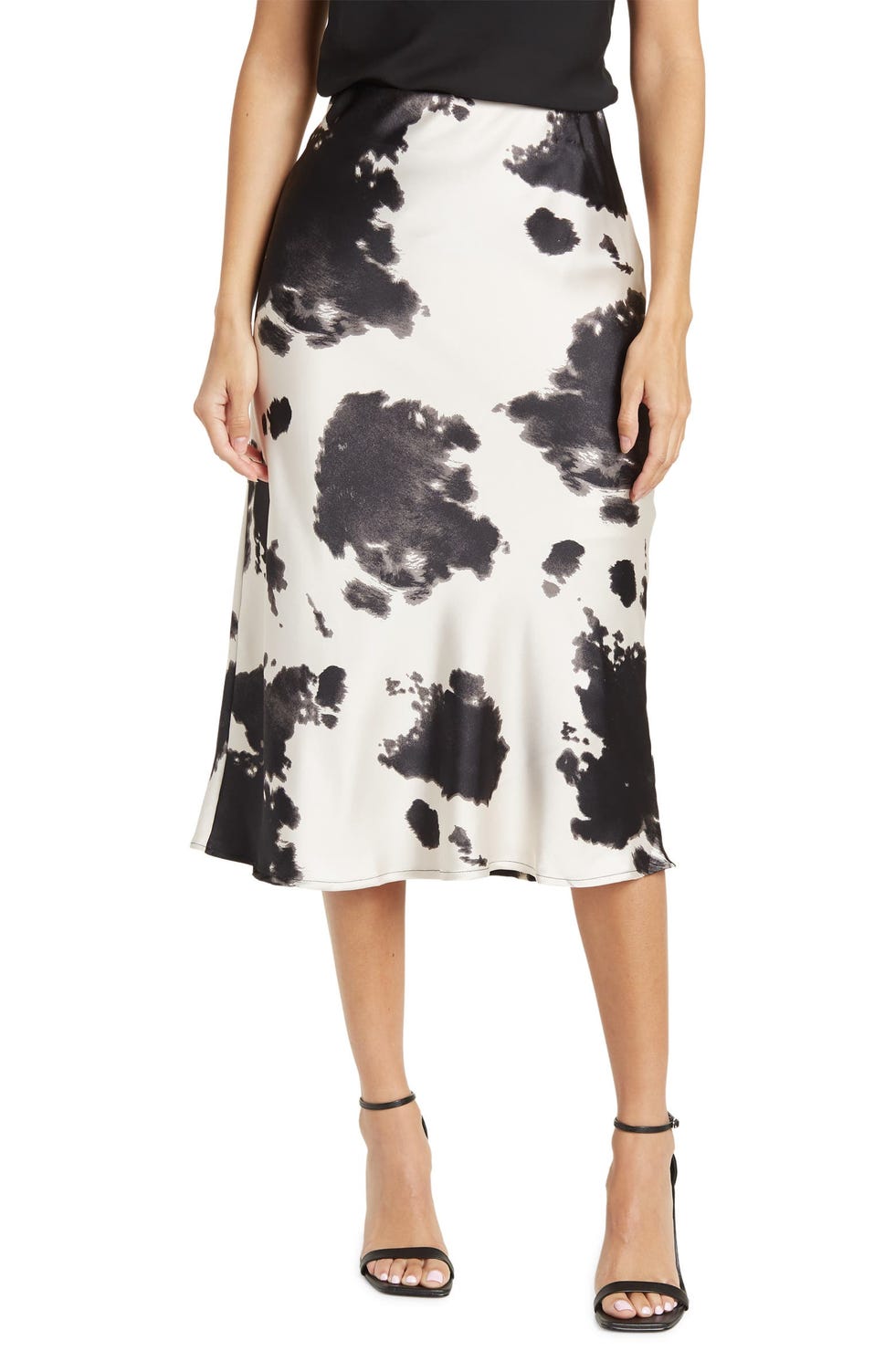 Satin Cow Print Midi Skirt