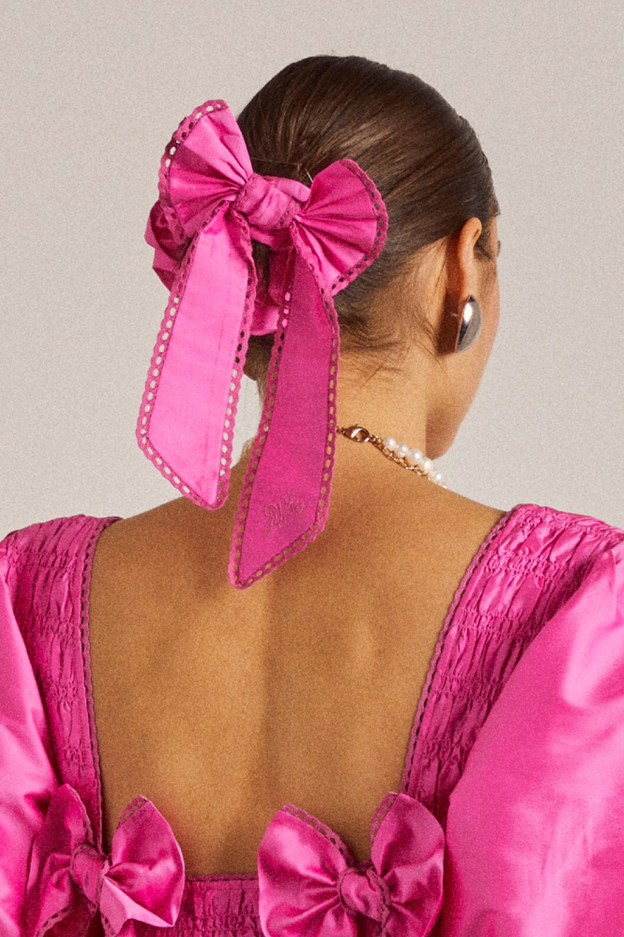 Pink Taffetta Frill Bow Scrunchie