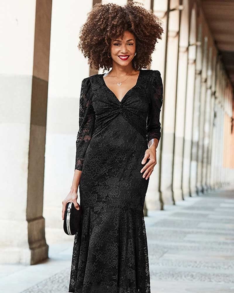 Black Lace Twist Front Midi Dress