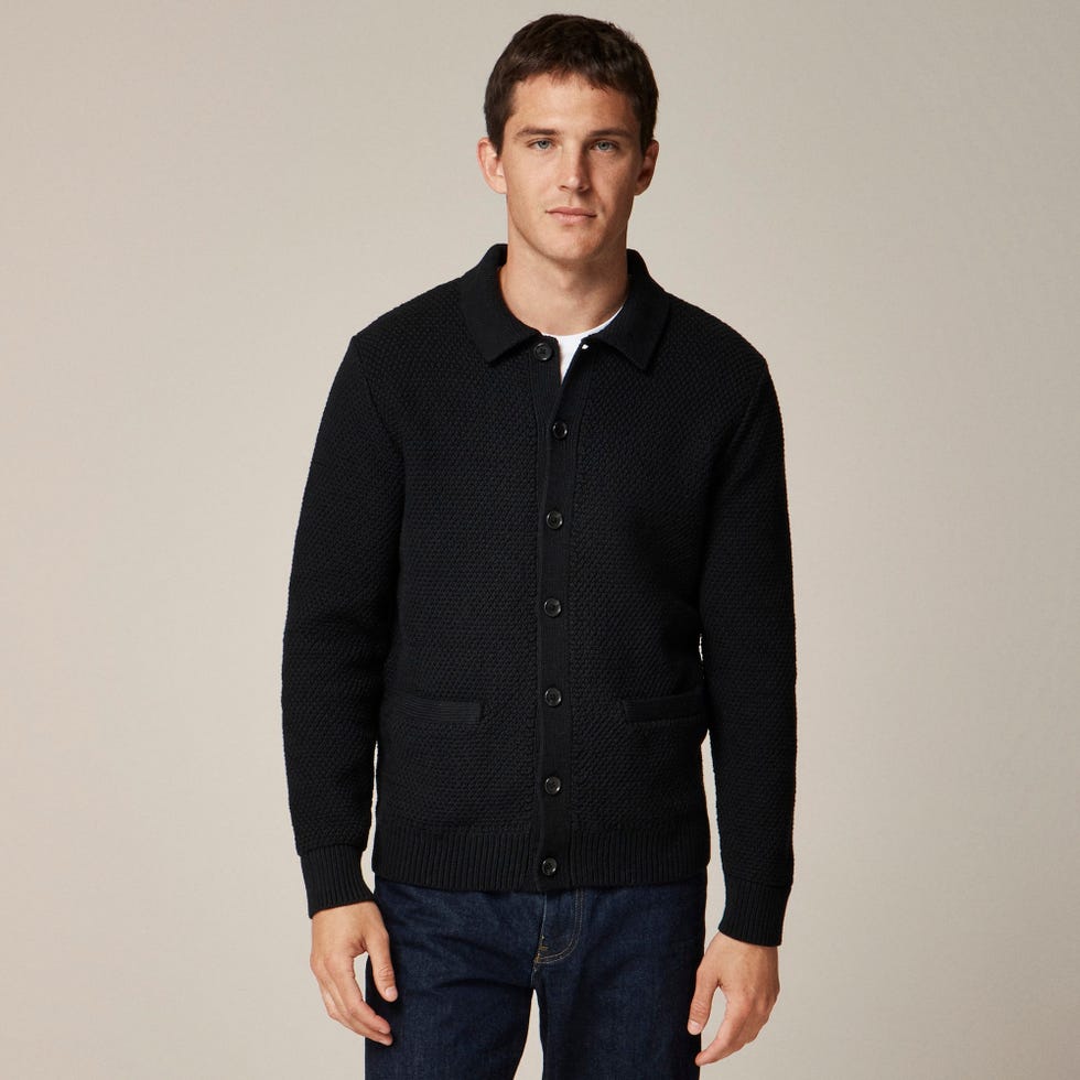 Cotton cardigan sweater-polo in moss stitch