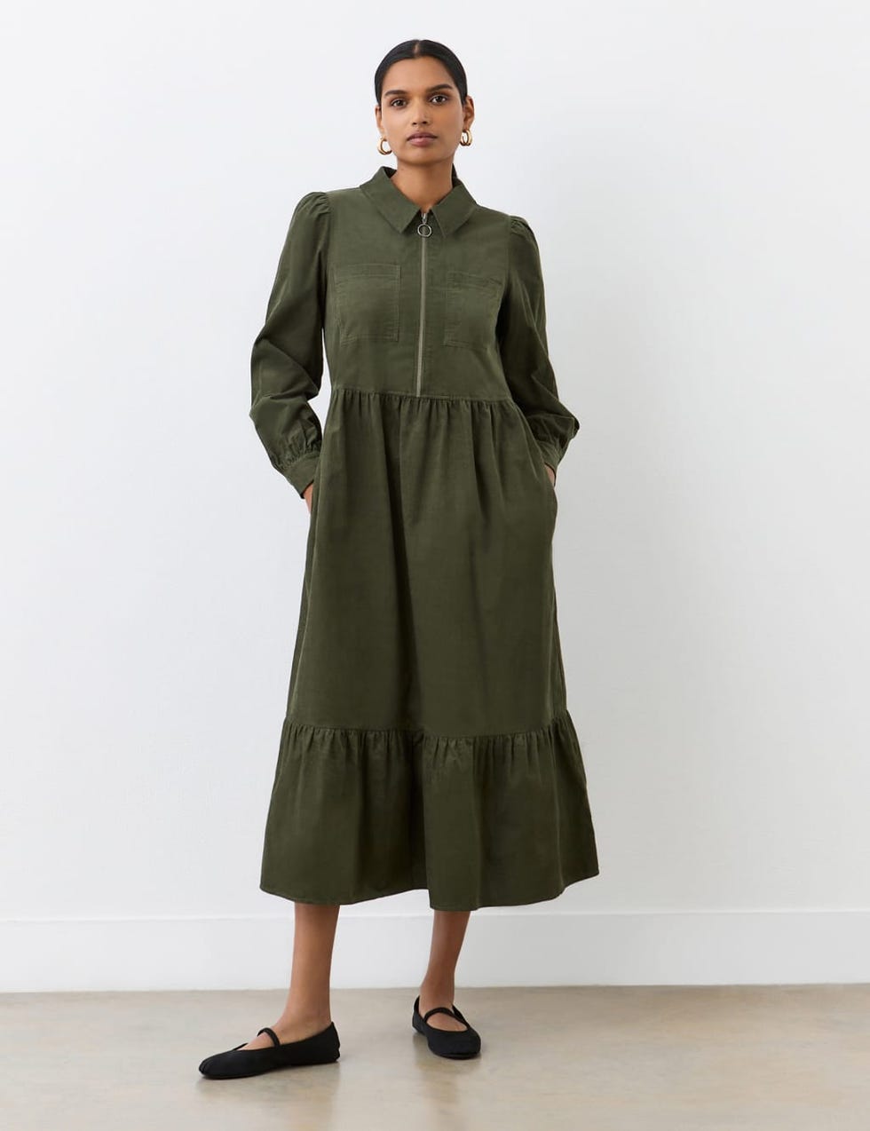 Corduroy Zip Neck Midi Tiered Dress