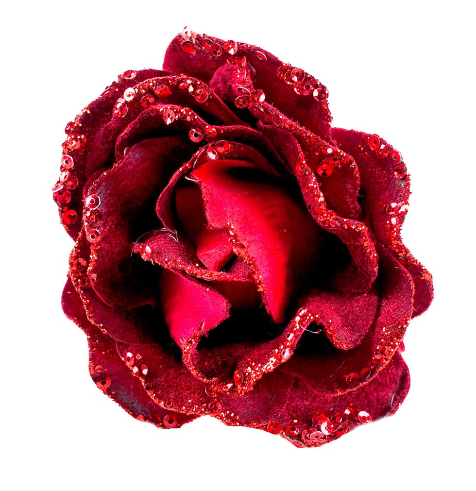  Red Rose Glitter Christmas Tree Hanging Bauble Clip-on Flowers (Set of 6)