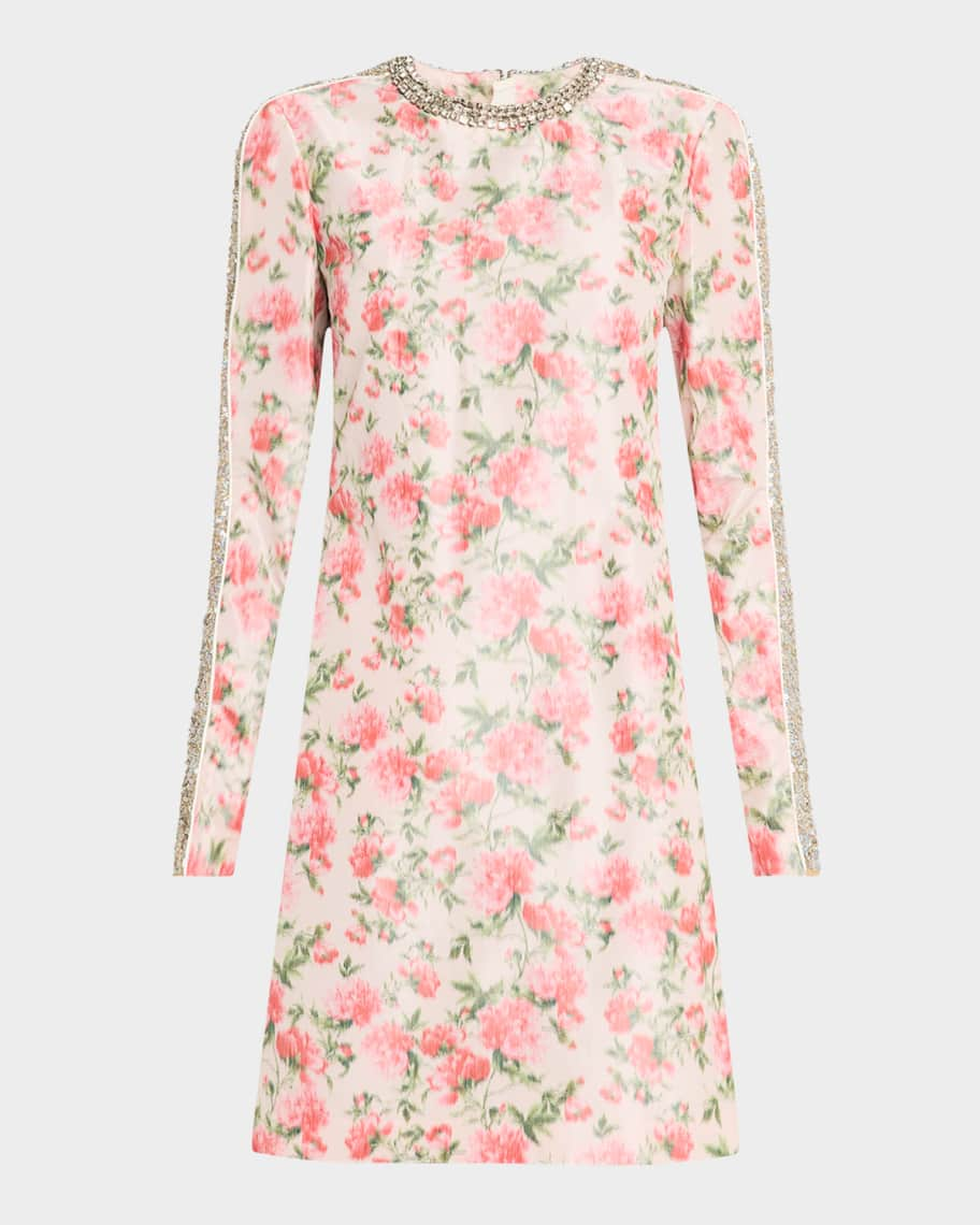 Blur Floral Embellished Long-Sleeve Mini Dress