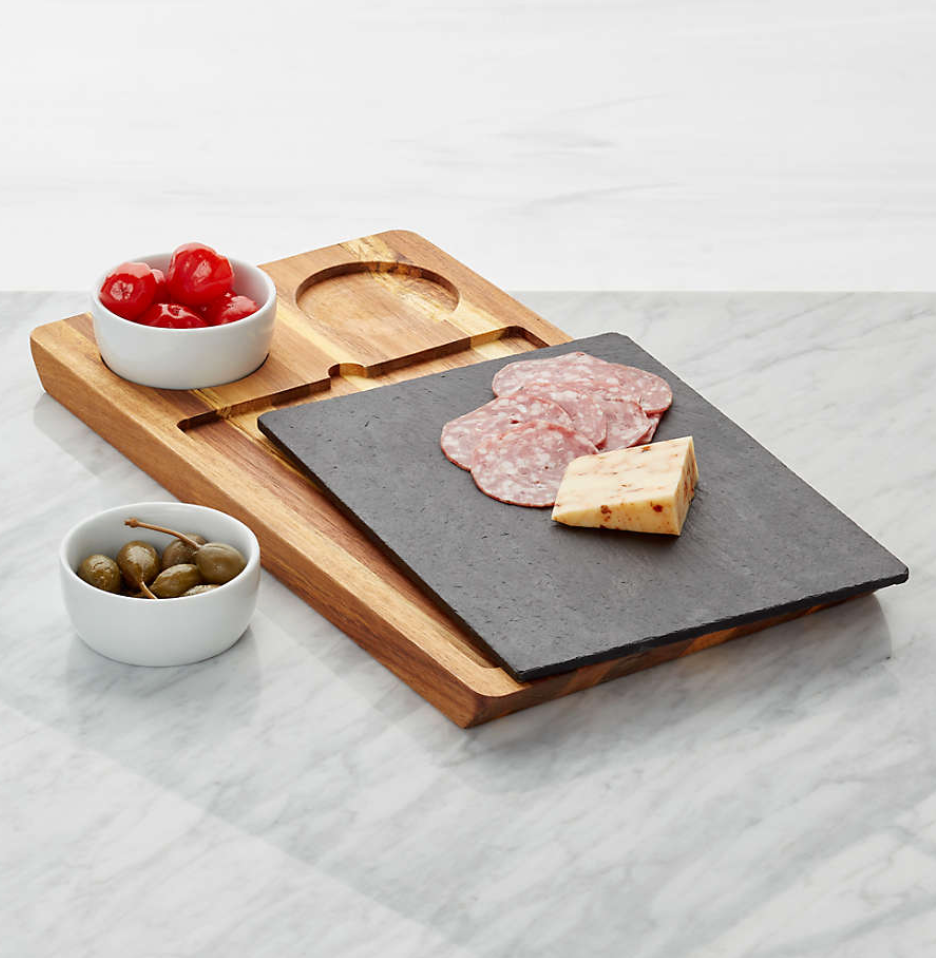 Slate and Wood Serving Board with Bowls