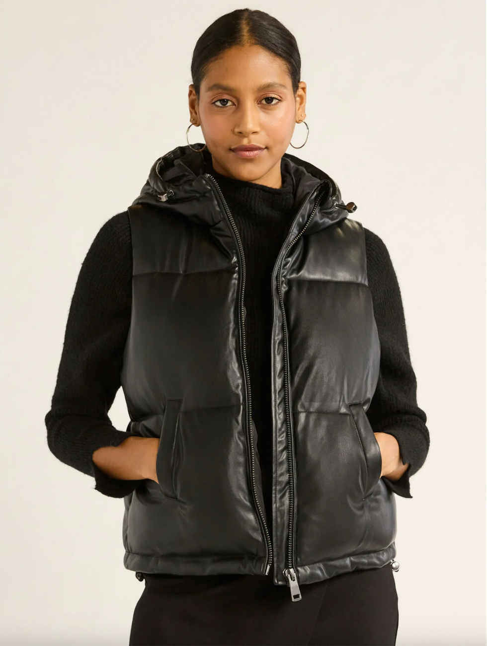 Faux Leather Hooded Puffer Vest