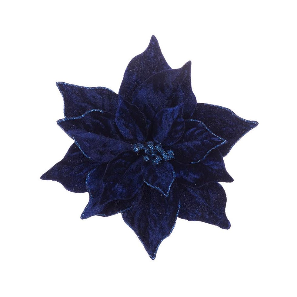 Velvet Luxe Poinsettia Xmas Decoration With Clip 23cm/9 Inches Diameter Dark Blue