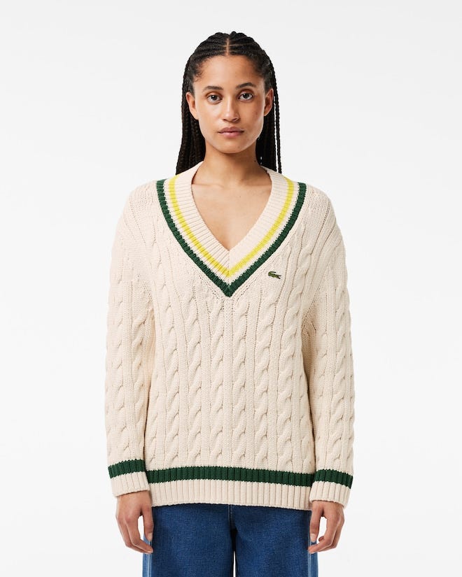 Women's V-Neck Cable Knit Cotton Tennis Sweater