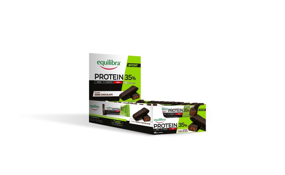 equilibra, Alimenti Proteici, Barrette Proteiche, 35% Proteine, 24x45g, Dark Chocolate, con 16 g di Proteine per il Mantenimento della Massa Muscolare, con Vitamine C, B1, B2, B6, Senza Olio di Palma