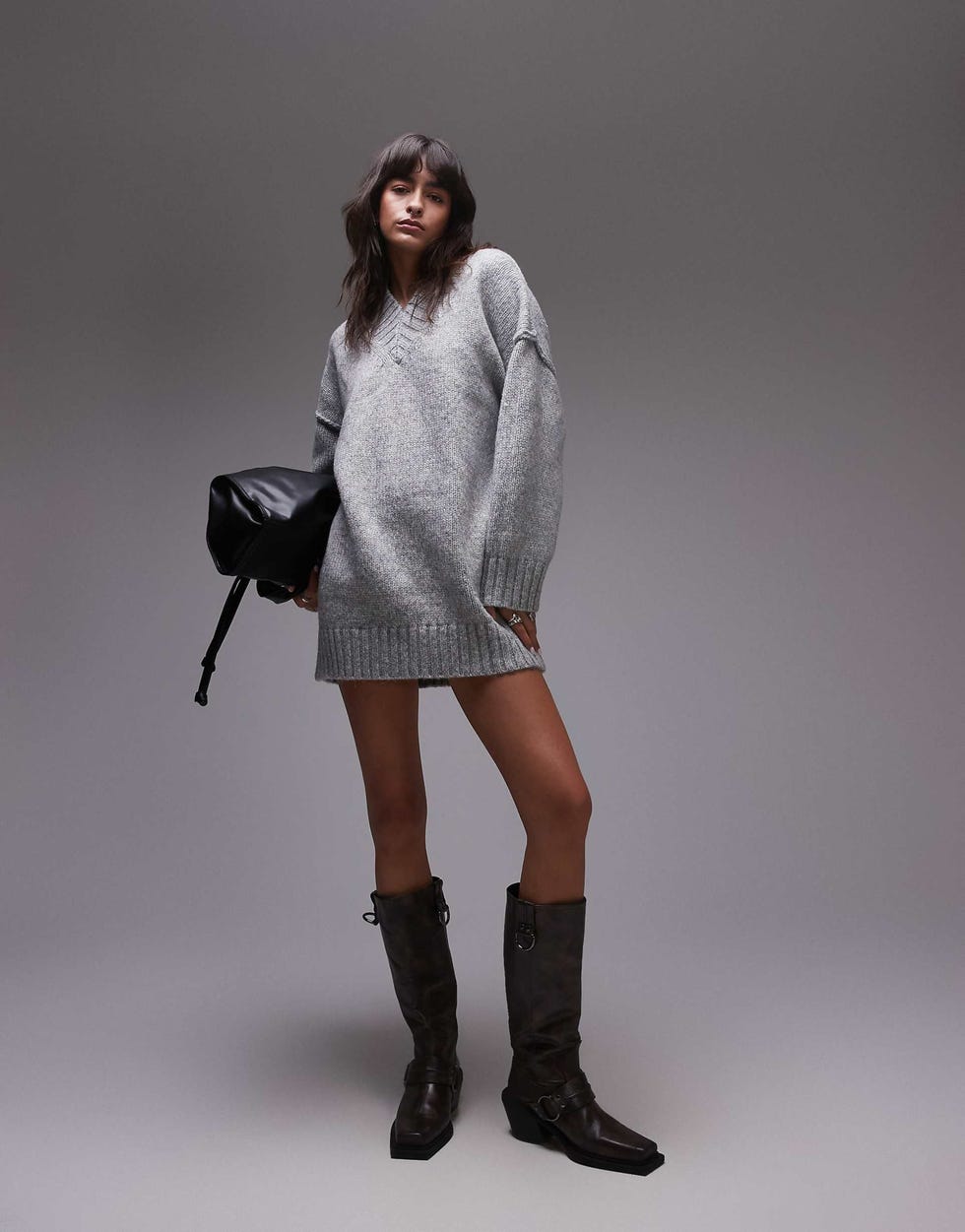 knit high v-neck mini oversized dress