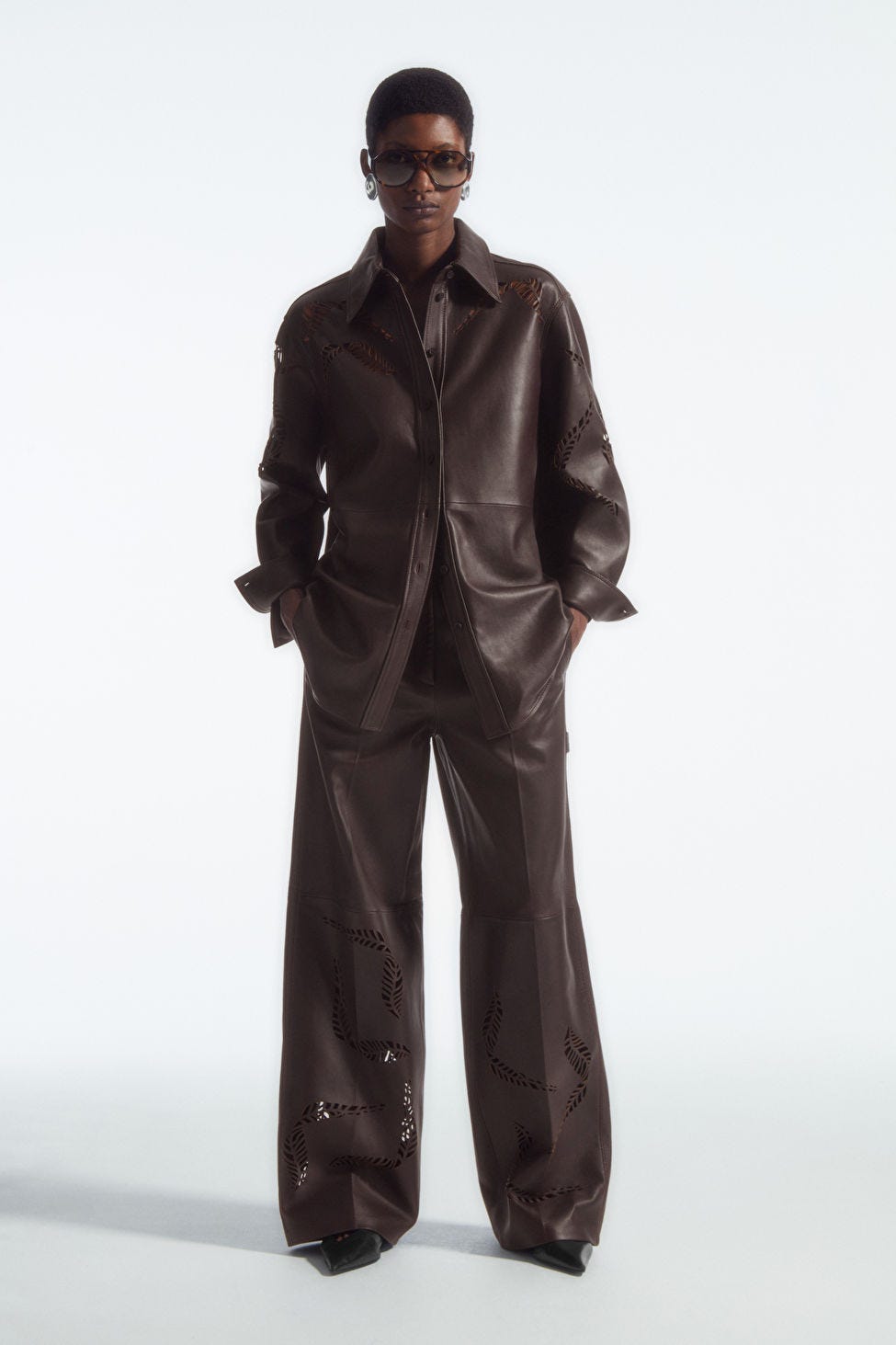 Broderie anglaise leather utility trousers