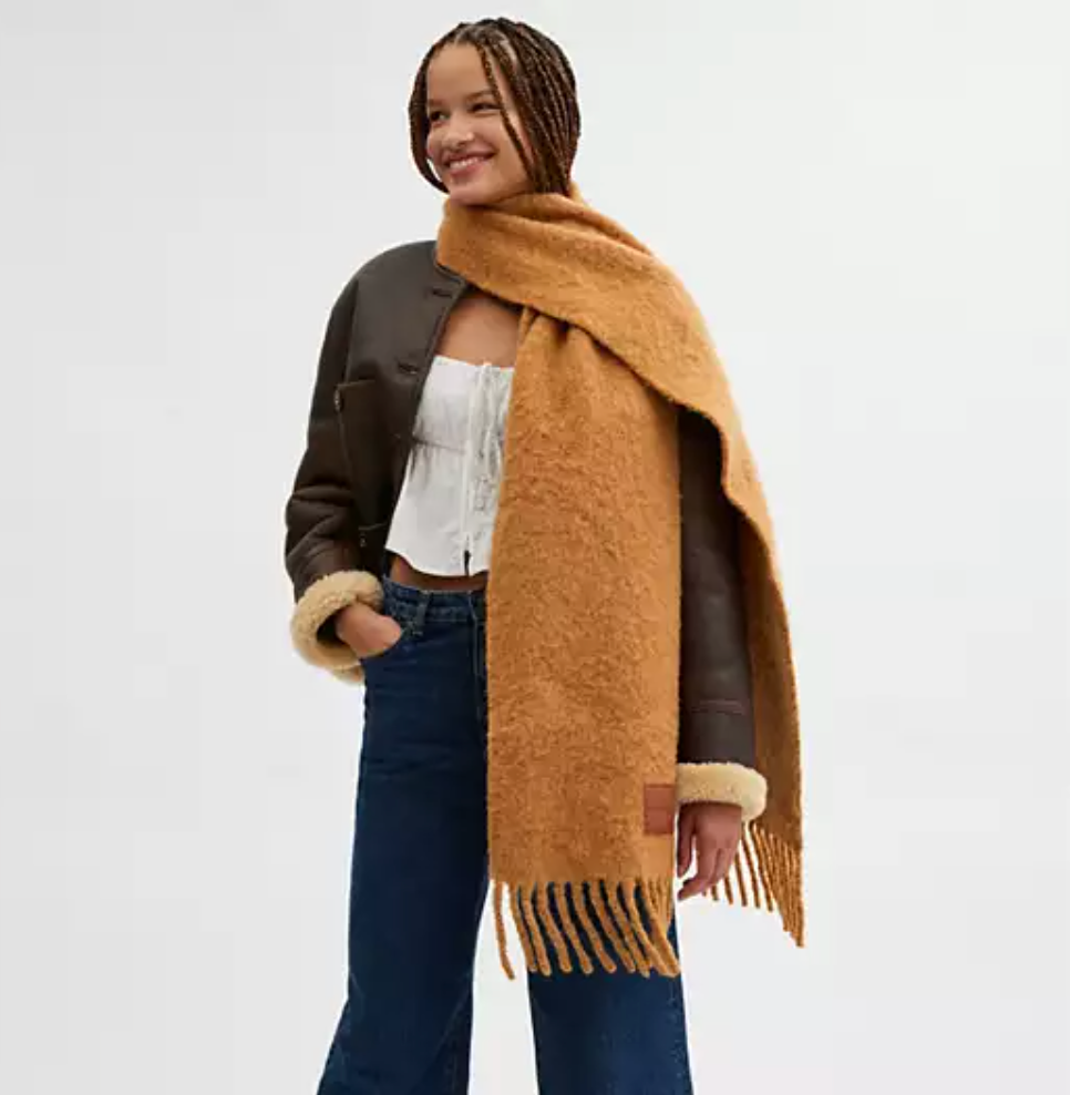 Oversized muffler with leather patch