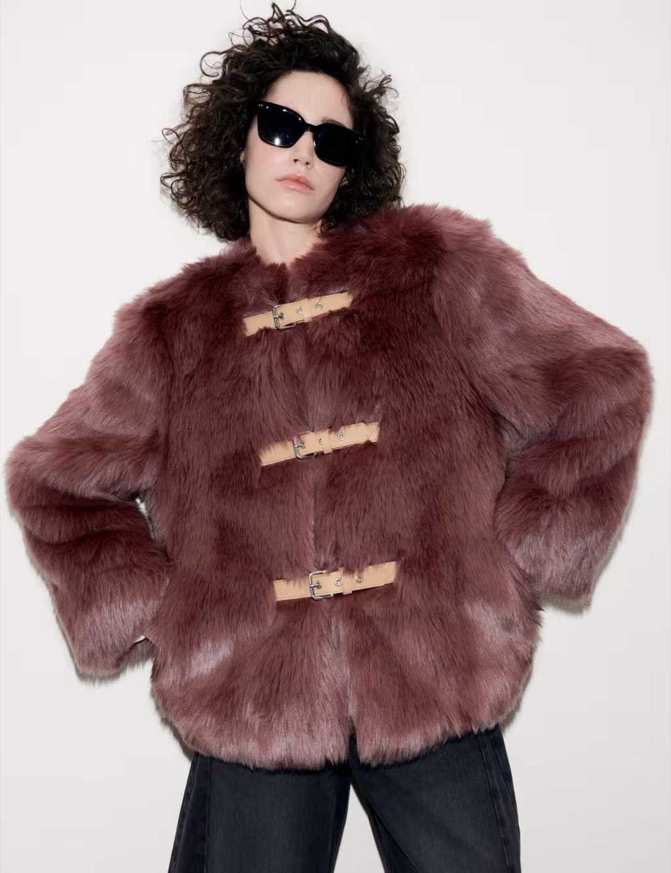 Buckle-Detail Faux-Fur Jacket