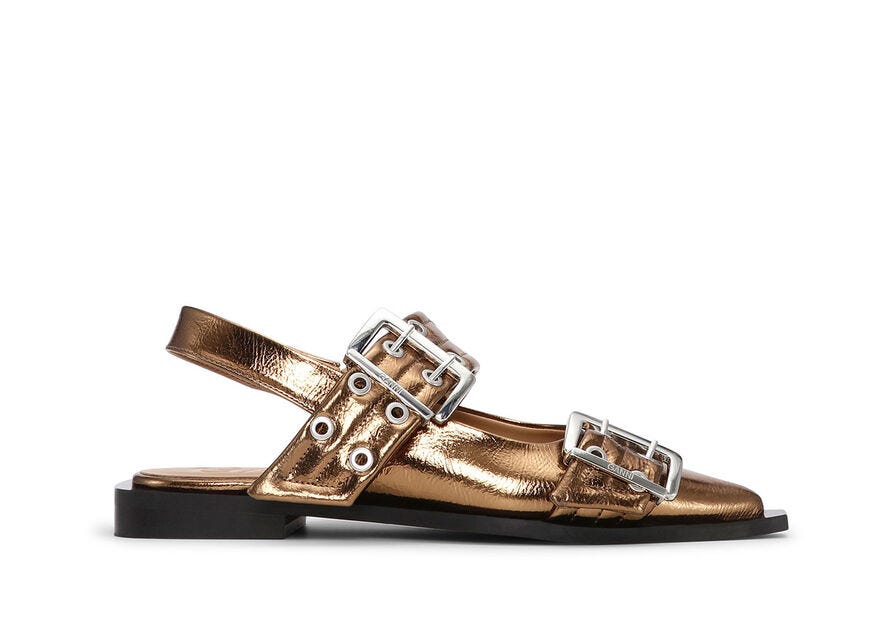 Brown Metallic Feminine Buckle Ballerinas