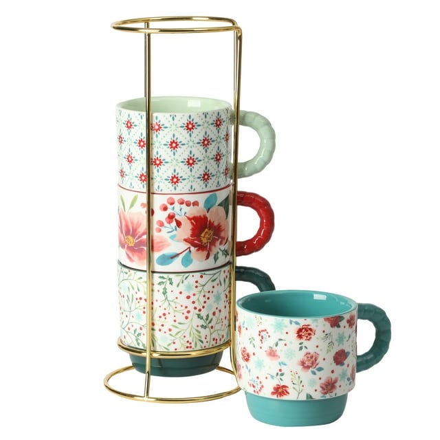 Merry Meadow Stoneware Stacking Mugs with Rack